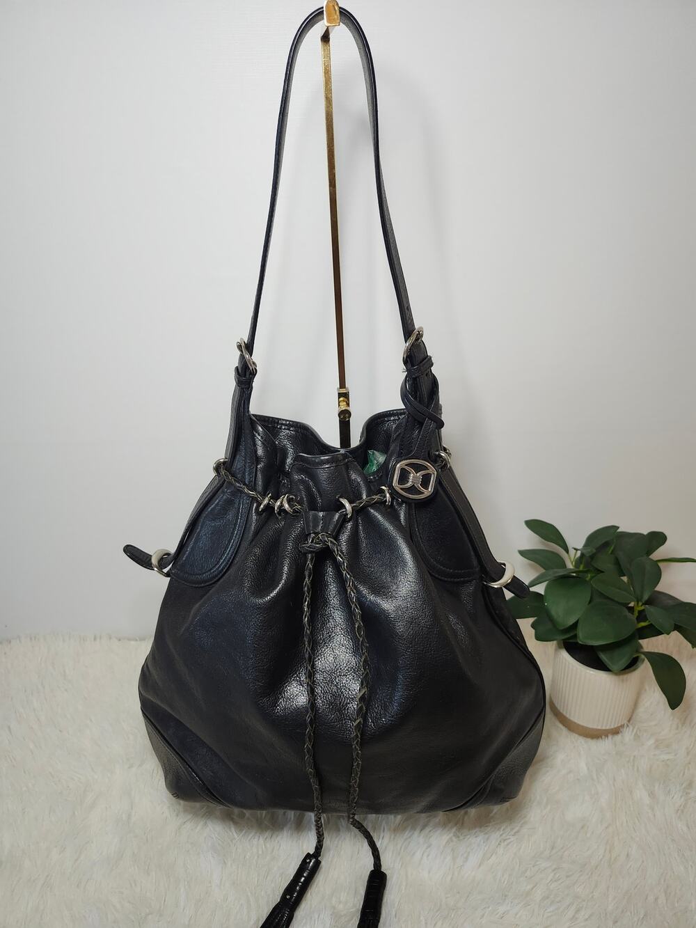 DKNY Vintage Bucket Bag Black Leather Silver Y2K Braided Tassel